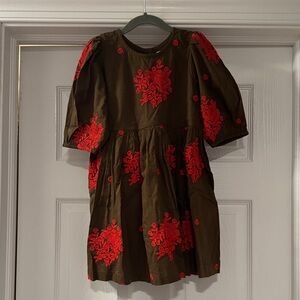 Pink Chicken Olive Dress with Red Floral Embroidery